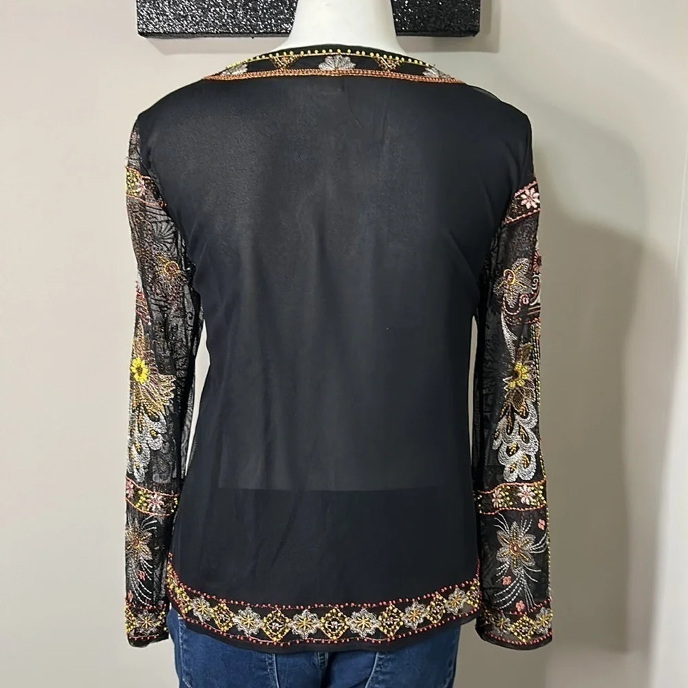 Sundance Beaded and Embroidered Floral Black Top Mesh Sleeve Shirt Sz S